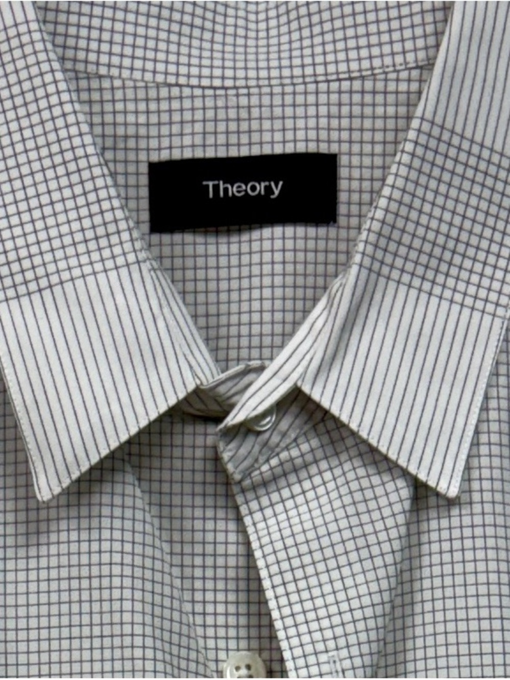 Size L Theory White Dress Shirt with Gray Grid-Check